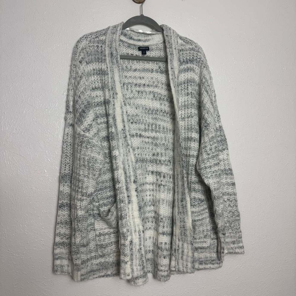 Torrid Gray‎ and White Open Knit Cardigan With Pockets